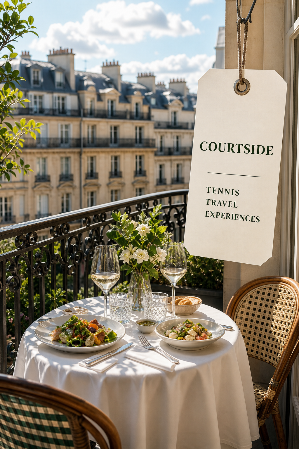 A sunlit European balcony table set for lunch with a COURTSIDE tennis travel tag.